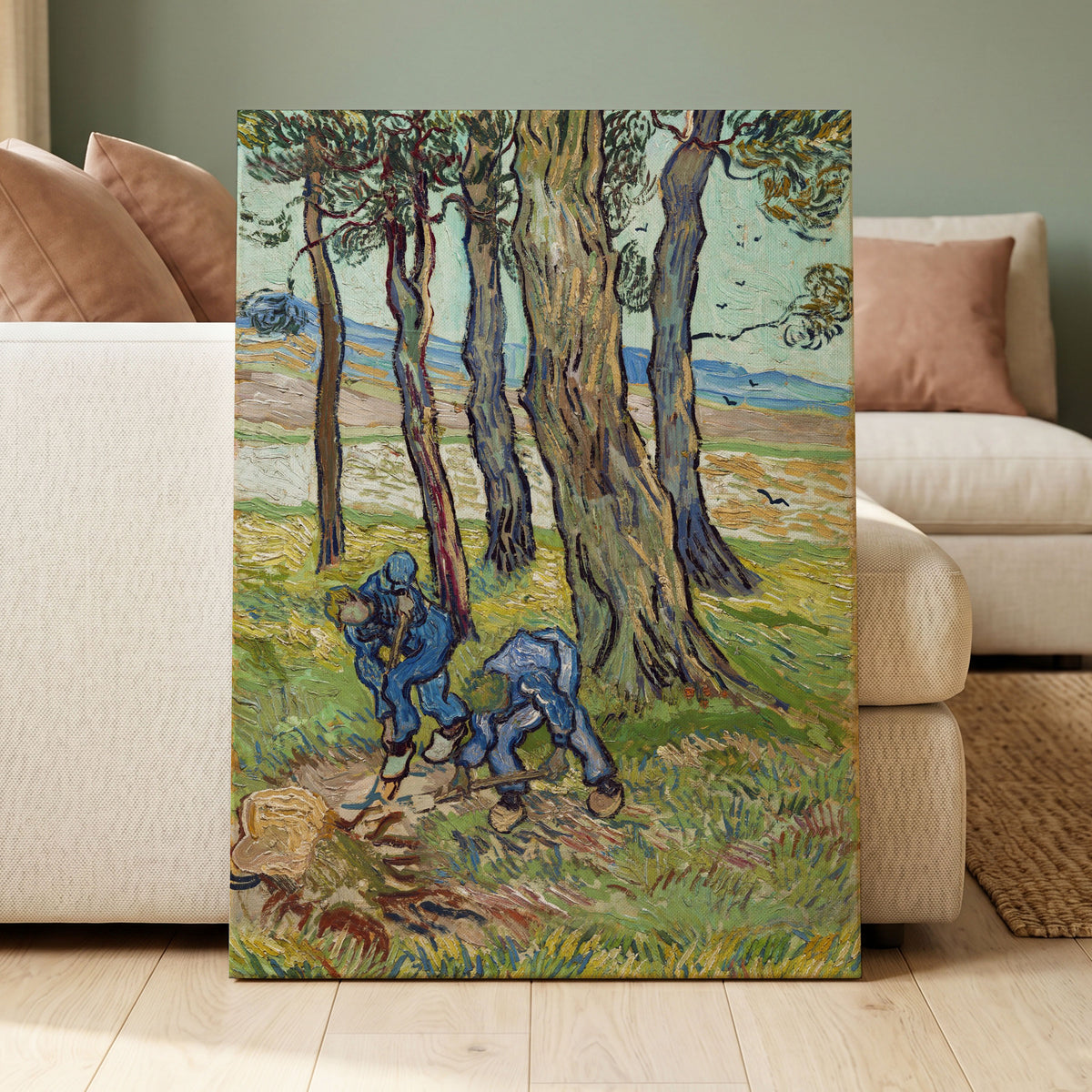 Among the Tall Trees, green, blue, brown nature wall art displayed in a styled interior, gallery view 3