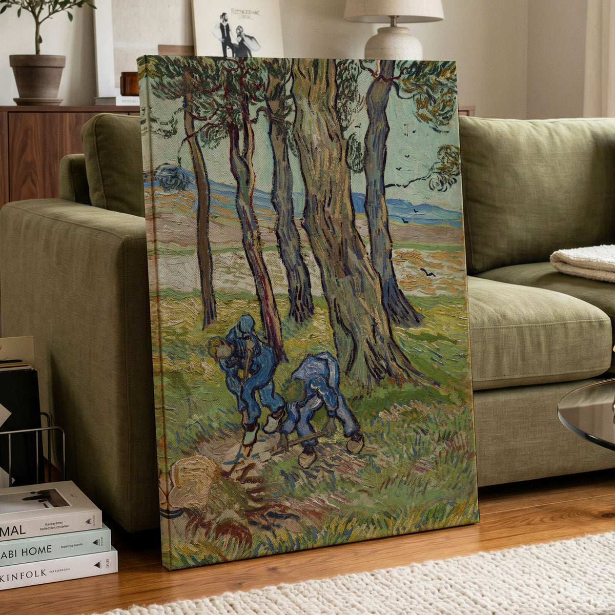 Among the Tall Trees, green, blue, brown nature wall art displayed in a styled interior, gallery view 7