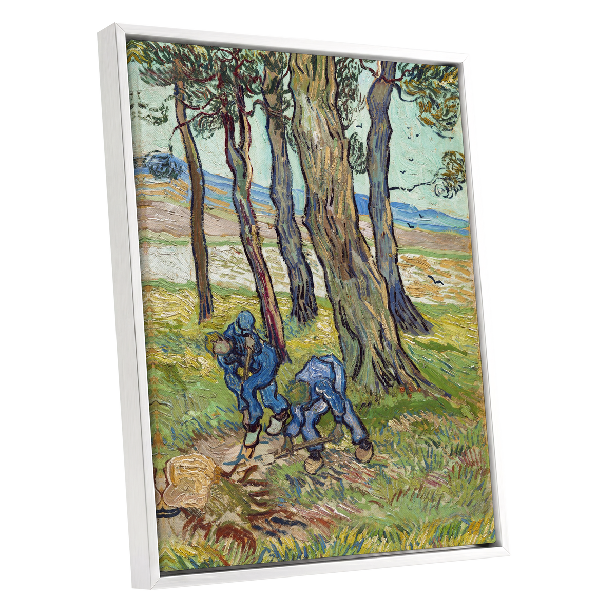 Among the Tall Trees, green, blue, brown nature wall art shown as a white framed canvas wall art