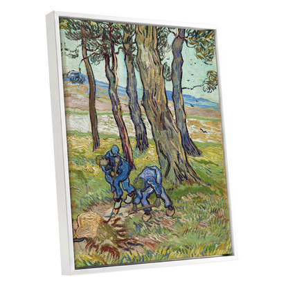 Among the Tall Trees, green, blue, brown nature wall art shown as a white framed canvas wall art