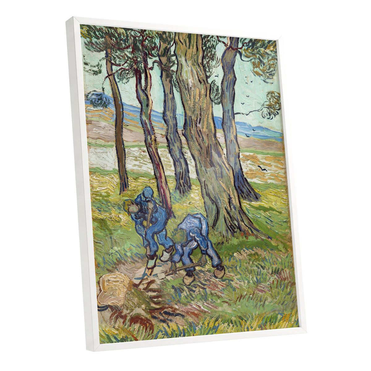 Among the Tall Trees, green, blue, brown nature wall art shown as a white framed poster wall art print