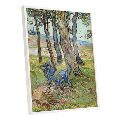 Among the Tall Trees, green, blue, brown nature wall art shown as a white framed poster wall art print