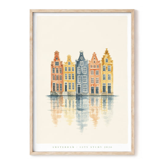 Amsterdam Reflections, beige, blue, orange minimalist wall art, front artwork view