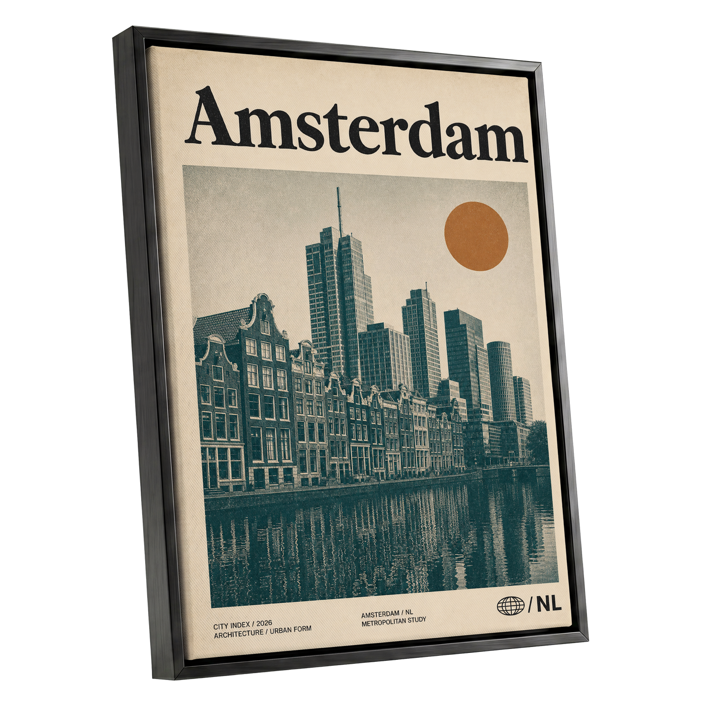 Amsterdam Urban Echo, green, beige, orange minimalist wall art shown as a black framed canvas wall art