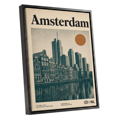 Amsterdam Urban Echo, green, beige, orange minimalist wall art shown as a black framed canvas wall art