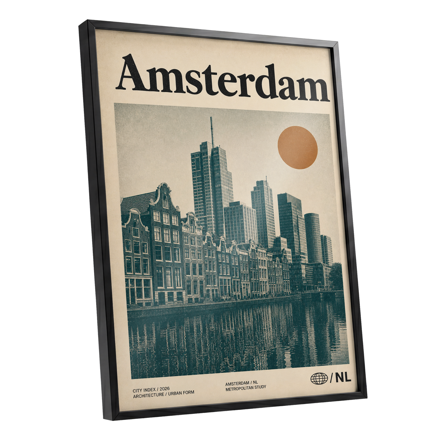 Amsterdam Urban Echo, green, beige, orange minimalist wall art shown as a black framed poster wall art print