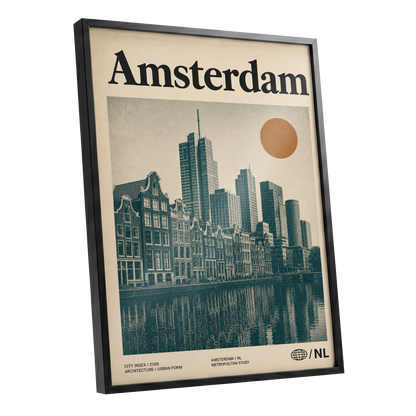Amsterdam Urban Echo, green, beige, orange minimalist wall art shown as a black framed poster wall art print