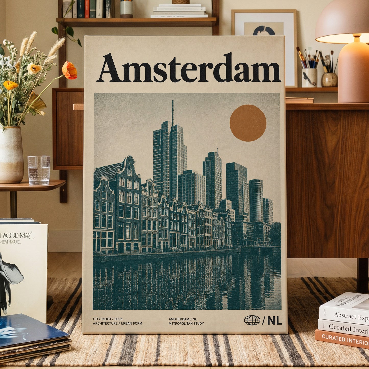 Amsterdam Urban Echo, green, beige, orange minimalist wall art on canvas displayed in a styled interior, gallery view 1