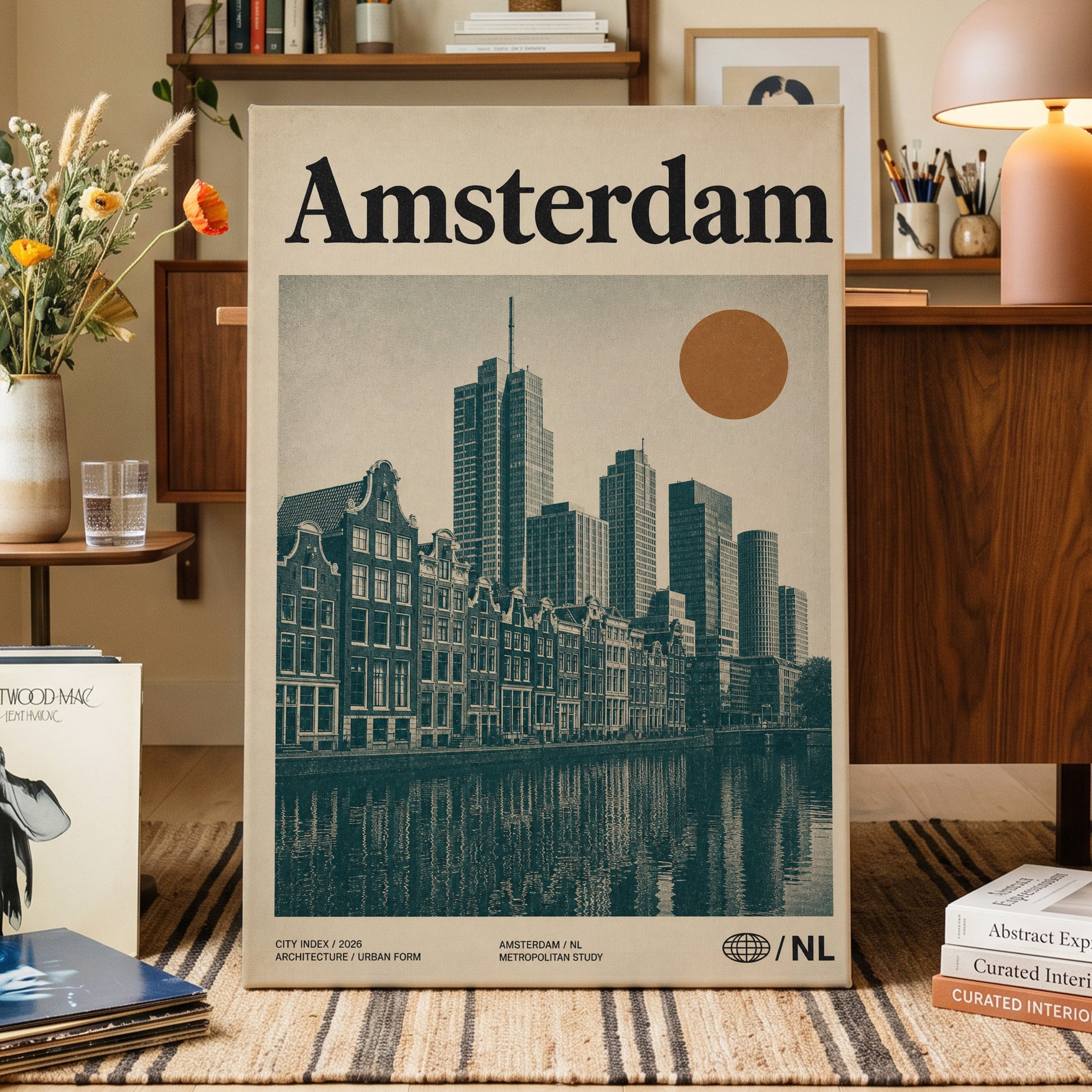 Amsterdam Urban Echo, green, beige, orange minimalist wall art on canvas displayed in a styled interior, gallery view 1