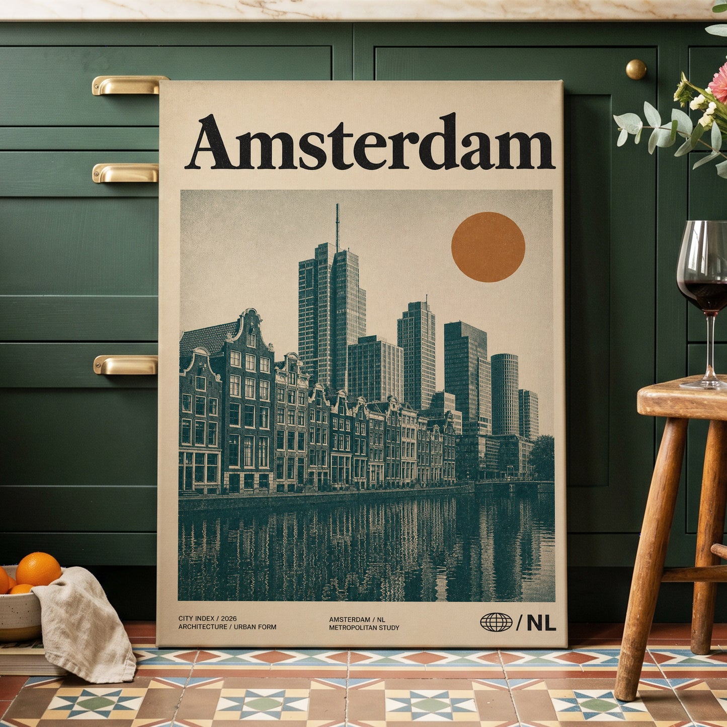 Amsterdam Urban Echo, green, beige, orange minimalist wall art on canvas displayed in a styled interior, gallery view 2
