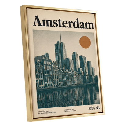 Amsterdam Urban Echo, green, beige, orange minimalist wall art shown as a gold framed canvas wall art
