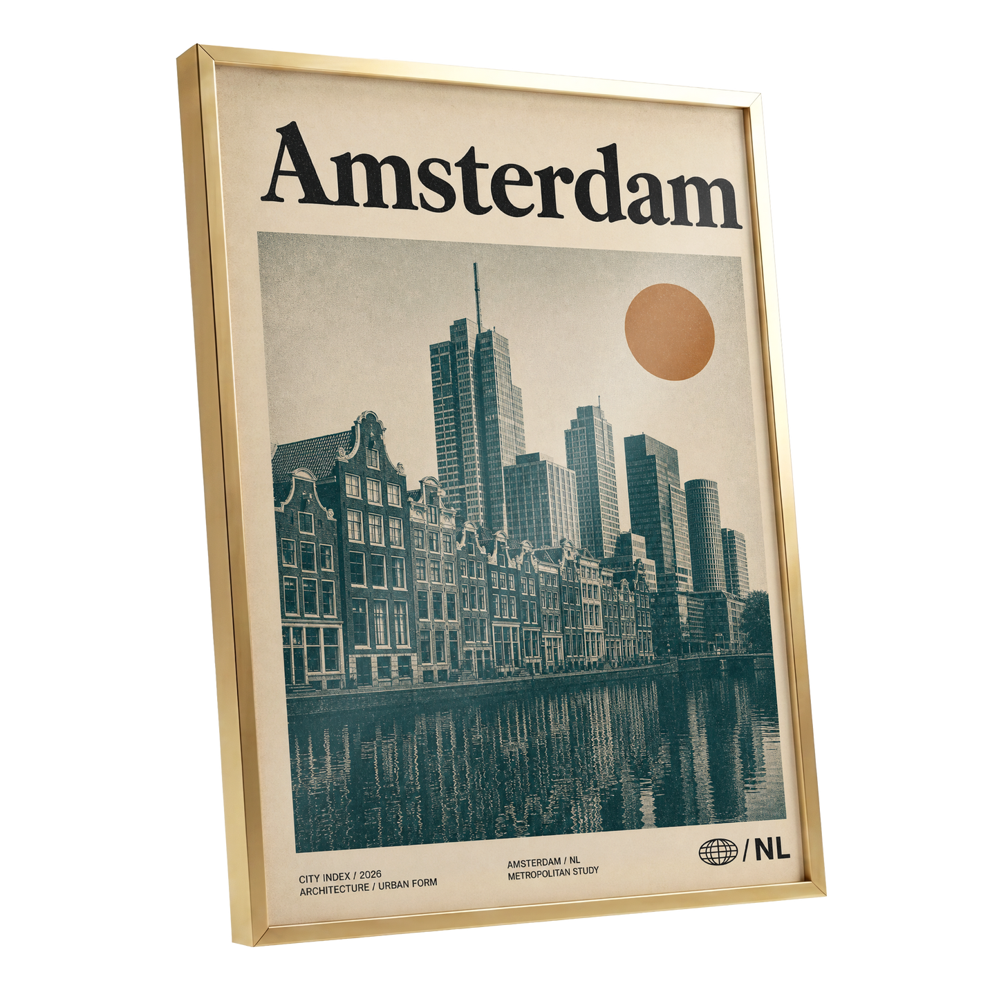Amsterdam Urban Echo, green, beige, orange minimalist wall art shown as a gold framed poster wall art print