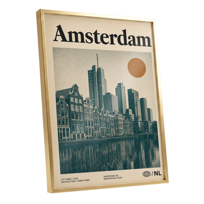 Amsterdam Urban Echo, green, beige, orange minimalist wall art shown as a gold framed poster wall art print