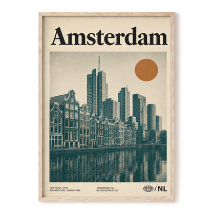 Amsterdam Urban Echo, green, beige, orange minimalist wall art, front artwork view