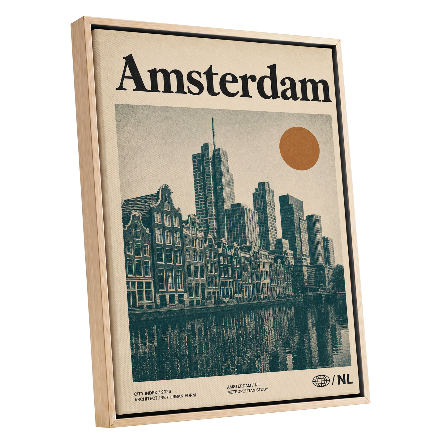 Amsterdam Urban Echo, green, beige, orange minimalist wall art shown as a oak framed canvas wall art