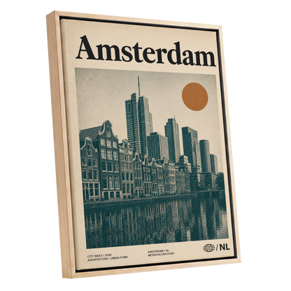 Amsterdam Urban Echo, green, beige, orange minimalist wall art shown as a oak framed canvas wall art
