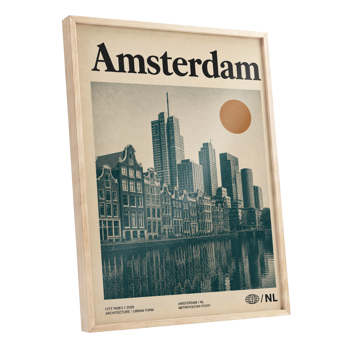 Amsterdam Urban Echo, green, beige, orange minimalist wall art shown as a oak framed poster wall art print
