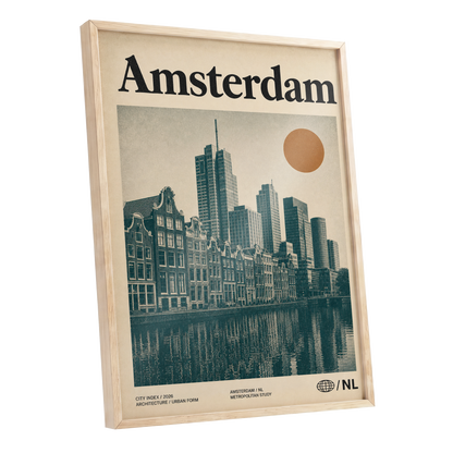 Amsterdam Urban Echo, green, beige, orange minimalist wall art shown as a oak framed poster wall art print