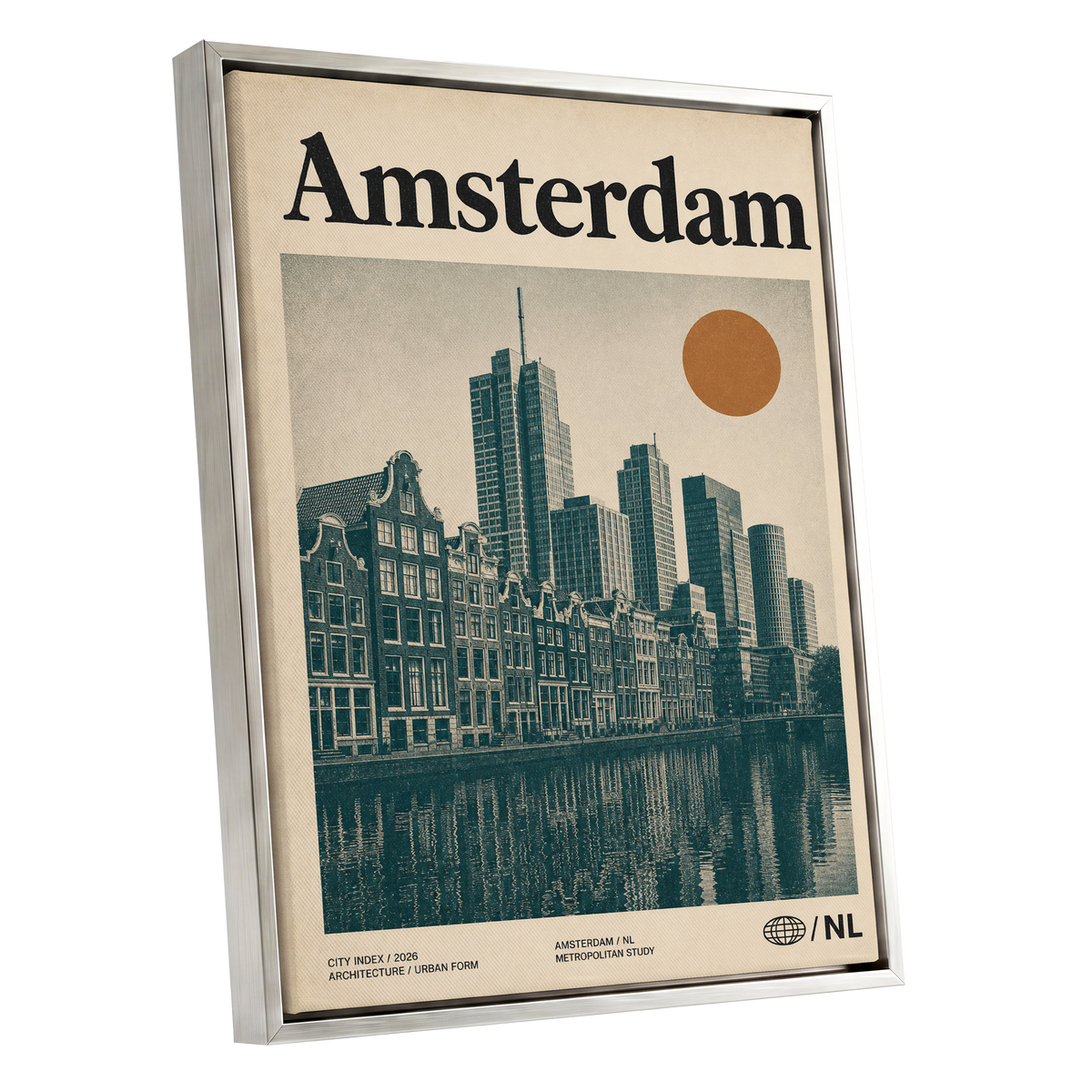 Amsterdam Urban Echo, green, beige, orange minimalist wall art shown as a silver framed canvas wall art