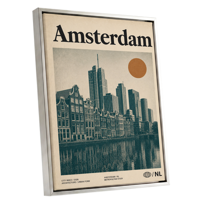 Amsterdam Urban Echo, green, beige, orange minimalist wall art shown as a silver framed canvas wall art