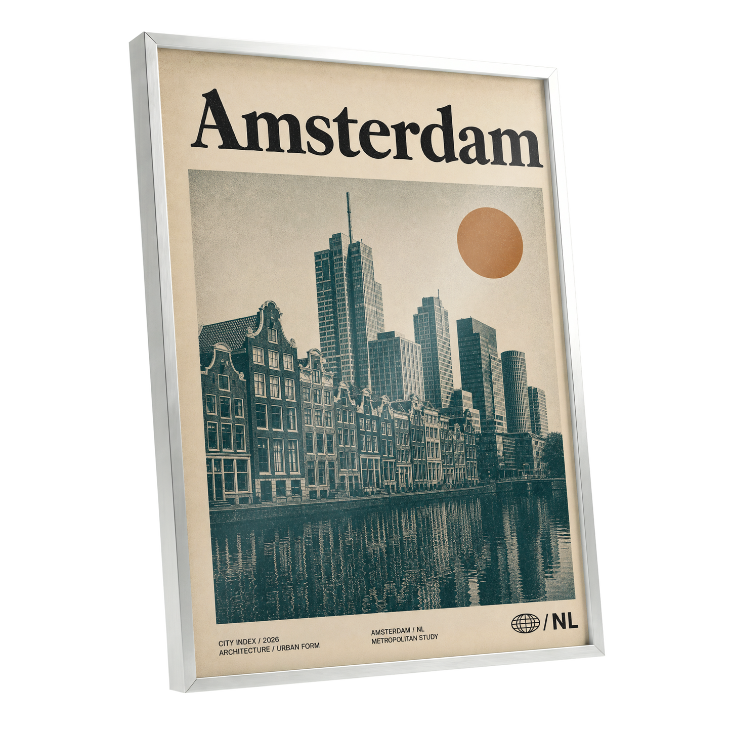 Amsterdam Urban Echo, green, beige, orange minimalist wall art shown as a silver framed poster wall art print