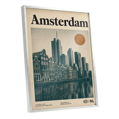 Amsterdam Urban Echo, green, beige, orange minimalist wall art shown as a silver framed poster wall art print