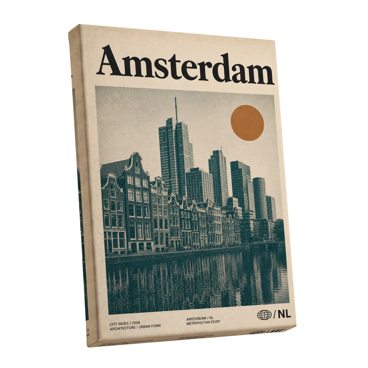 Amsterdam Urban Echo, green, beige, orange minimalist wall art shown as a stretched canvas wall art