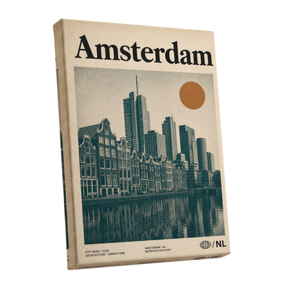 Amsterdam Urban Echo, green, beige, orange minimalist wall art shown as a stretched canvas wall art