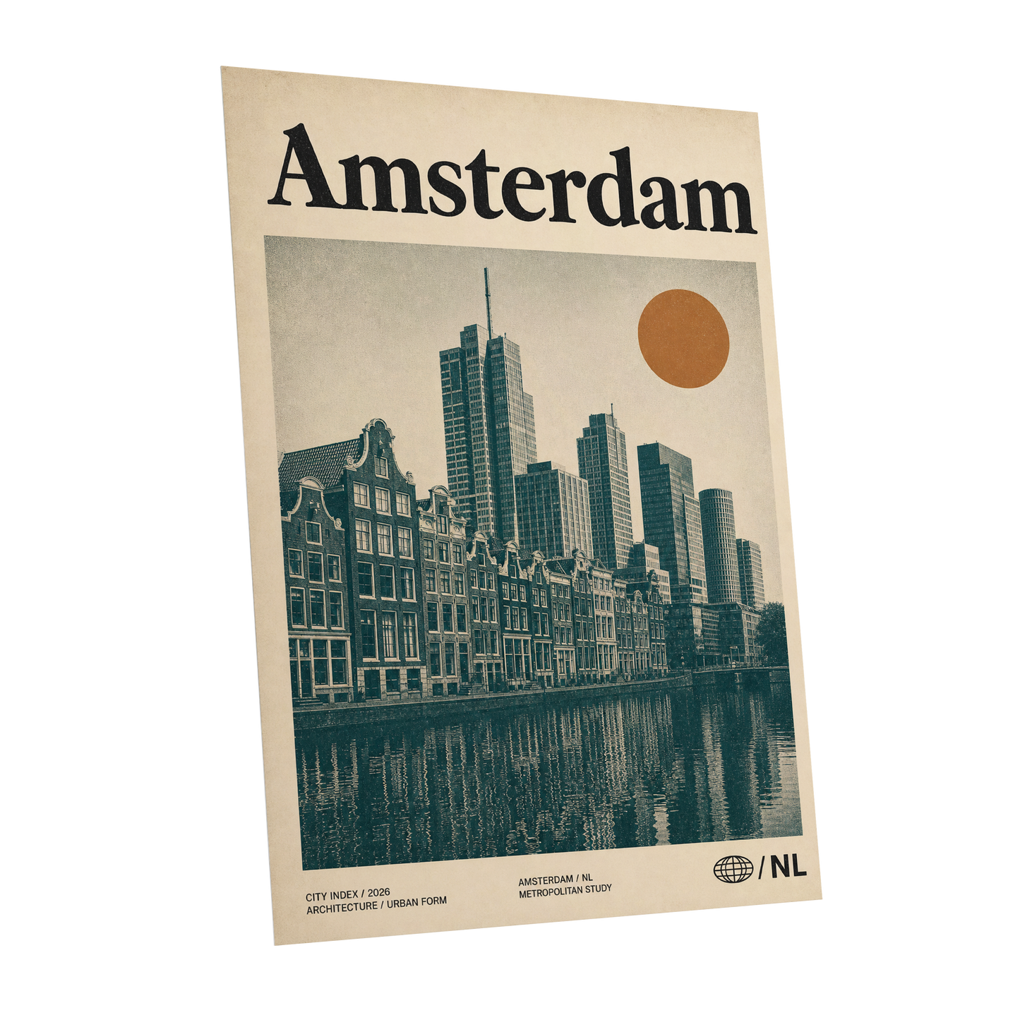 Amsterdam Urban Echo, green, beige, orange minimalist wall art shown as a unframed poster wall art print