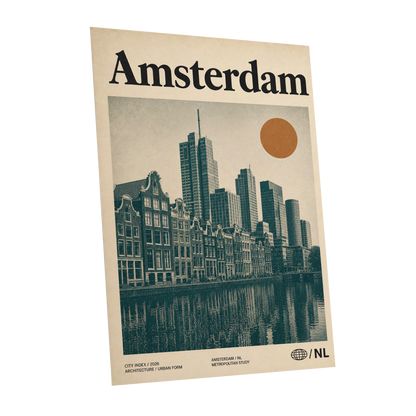Amsterdam Urban Echo, green, beige, orange minimalist wall art shown as a unframed poster wall art print