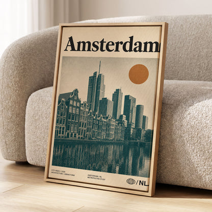 Amsterdam Urban Echo, green, beige, orange minimalist wall art displayed in a styled interior, gallery view 1