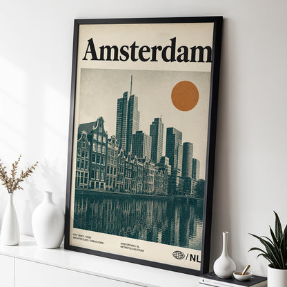 Amsterdam Urban Echo, green, beige, orange minimalist wall art displayed in a styled interior, gallery view 2