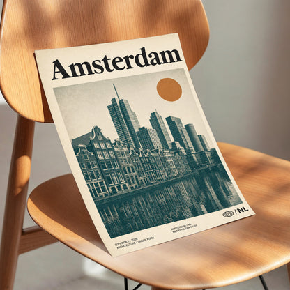 Amsterdam Urban Echo, green, beige, orange minimalist wall art displayed in a styled interior, gallery view 3