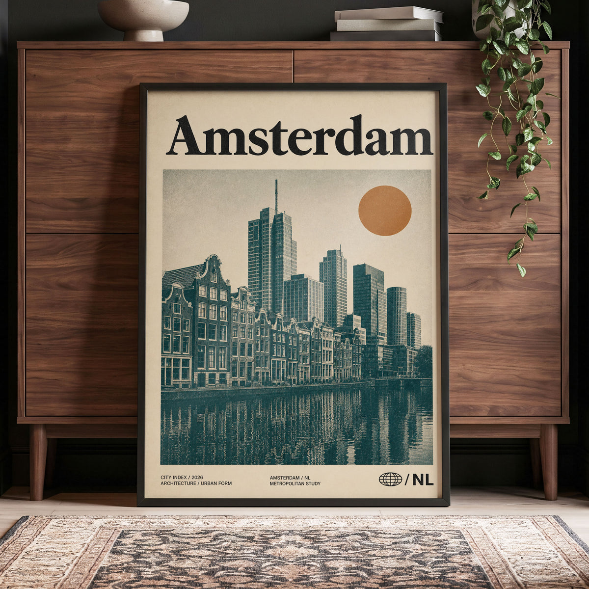 Amsterdam Urban Echo, green, beige, orange minimalist wall art displayed in a styled interior, gallery view 4