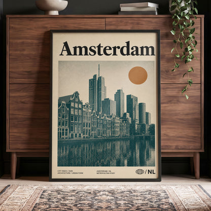 Amsterdam Urban Echo, green, beige, orange minimalist wall art displayed in a styled interior, gallery view 4