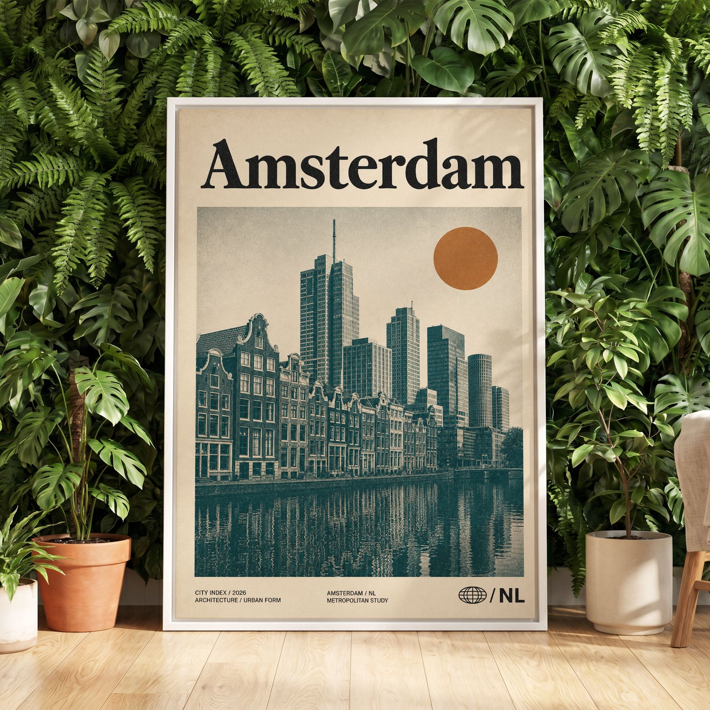 Amsterdam Urban Echo, green, beige, orange minimalist wall art displayed in a styled interior, gallery view 5