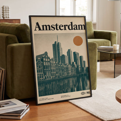 Amsterdam Urban Echo, green, beige, orange minimalist wall art displayed in a styled interior, gallery view 6