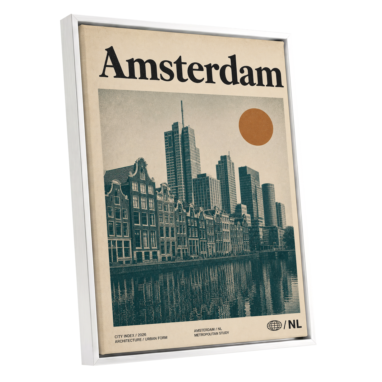 Amsterdam Urban Echo, green, beige, orange minimalist wall art shown as a white framed canvas wall art