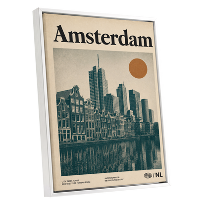Amsterdam Urban Echo, green, beige, orange minimalist wall art shown as a white framed canvas wall art