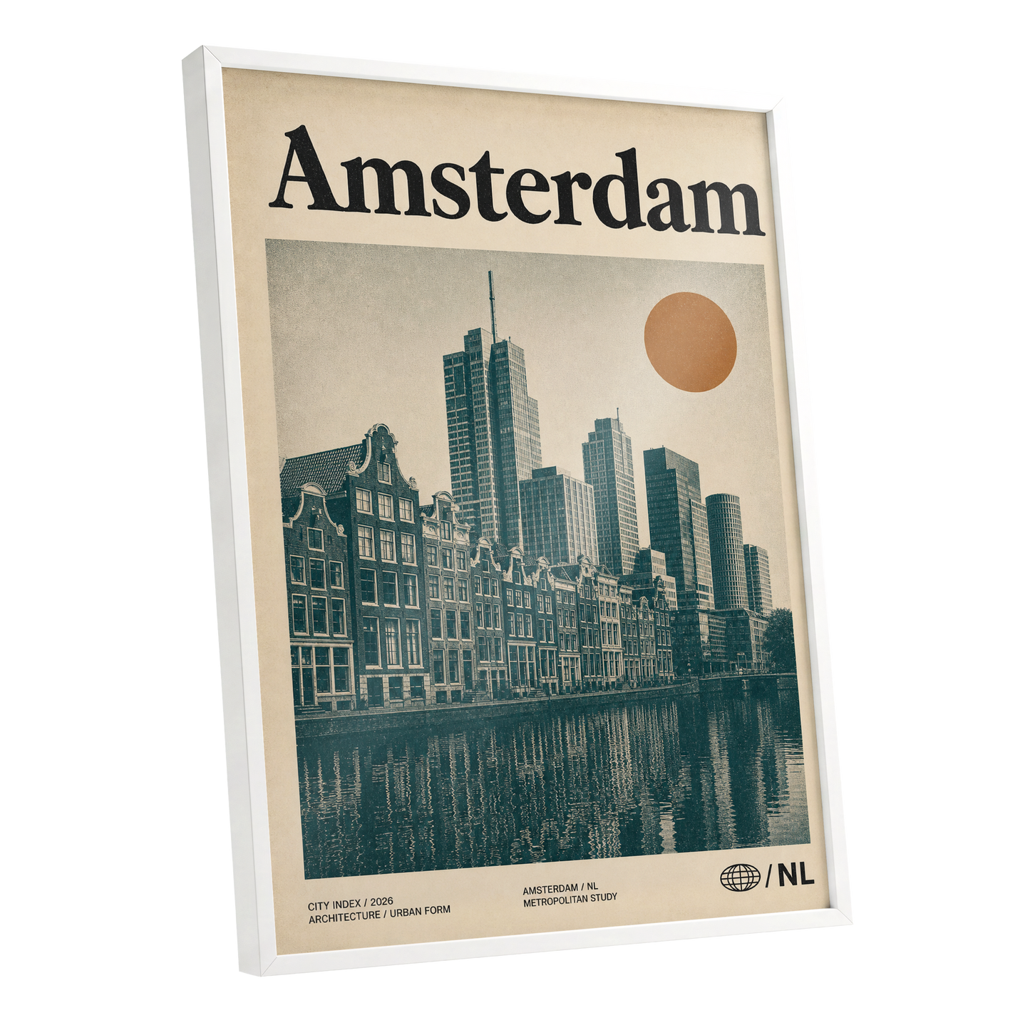 Amsterdam Urban Echo, green, beige, orange minimalist wall art shown as a white framed poster wall art print