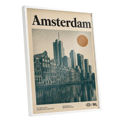 Amsterdam Urban Echo, green, beige, orange minimalist wall art shown as a white framed poster wall art print