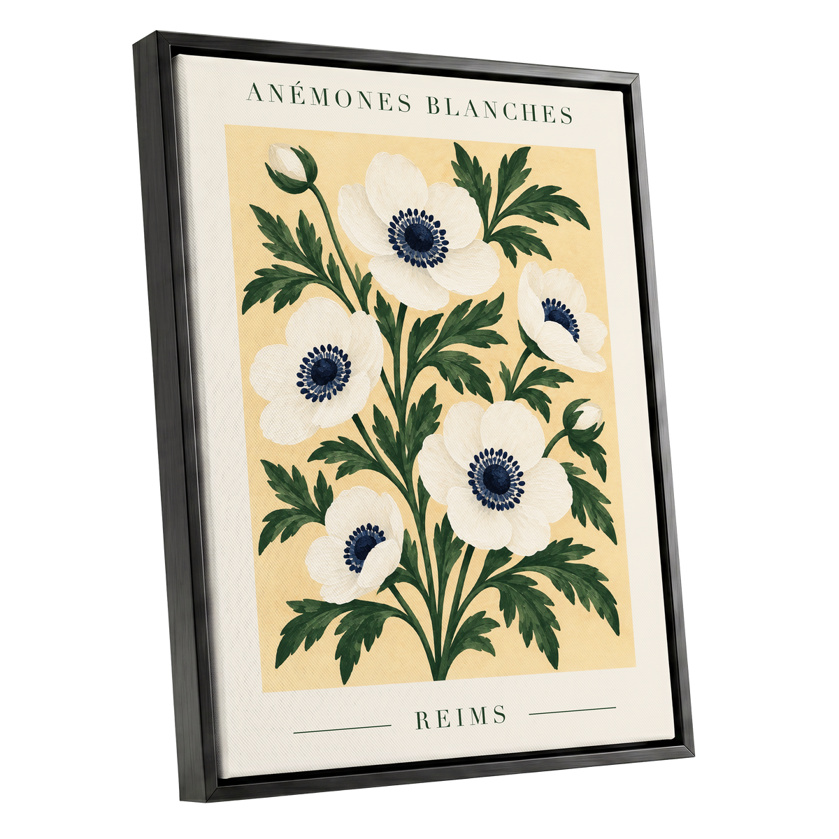 Anemones of Reims, white, blue, green floral wall art shown as a black framed canvas wall art