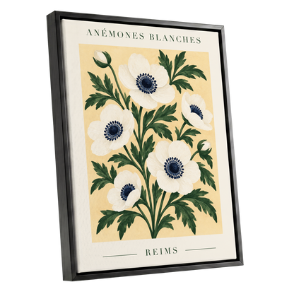 Anemones of Reims, white, blue, green floral wall art shown as a black framed canvas wall art