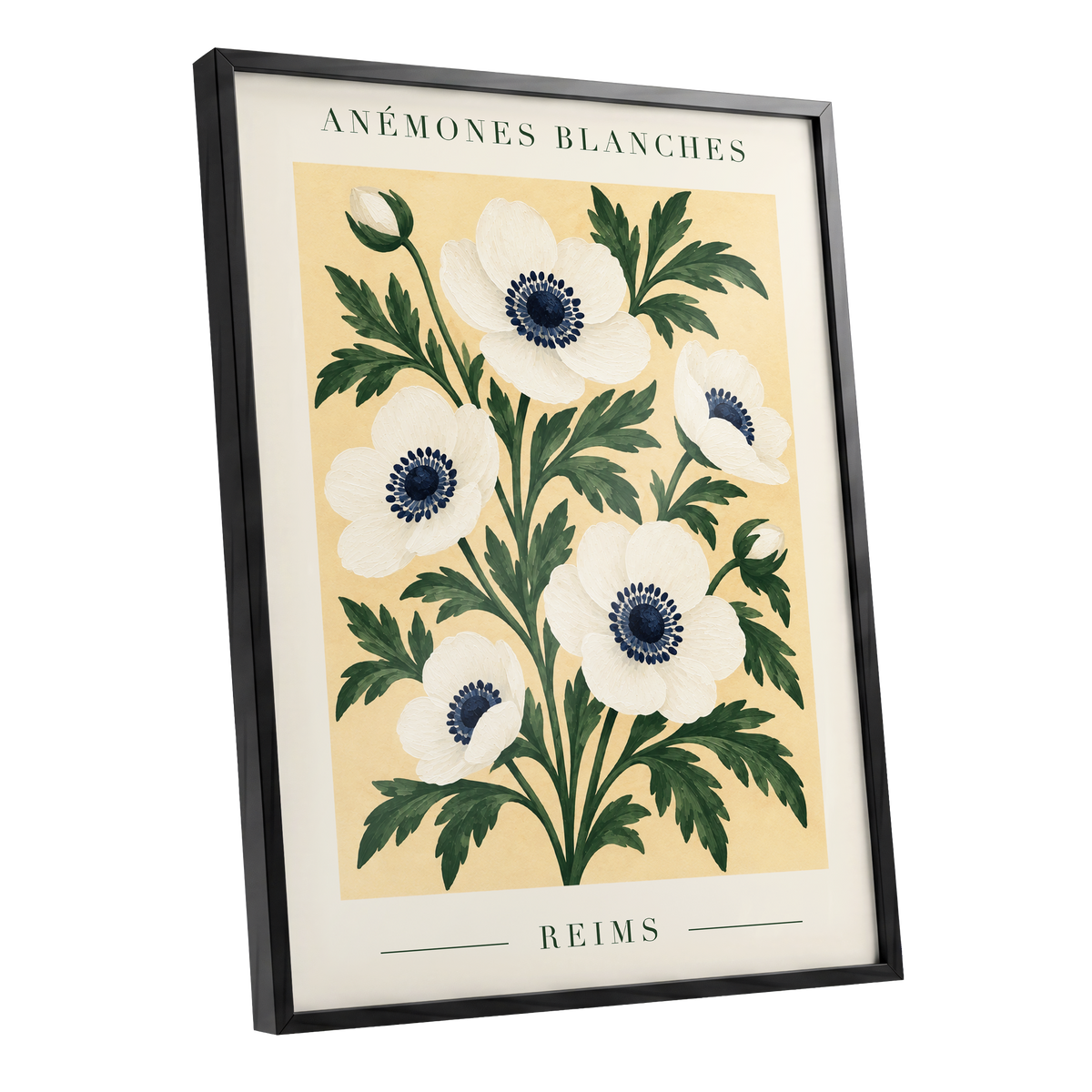 Anemones of Reims, white, blue, green floral wall art shown as a black framed poster wall art print