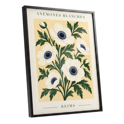 Anemones of Reims, white, blue, green floral wall art shown as a black framed poster wall art print