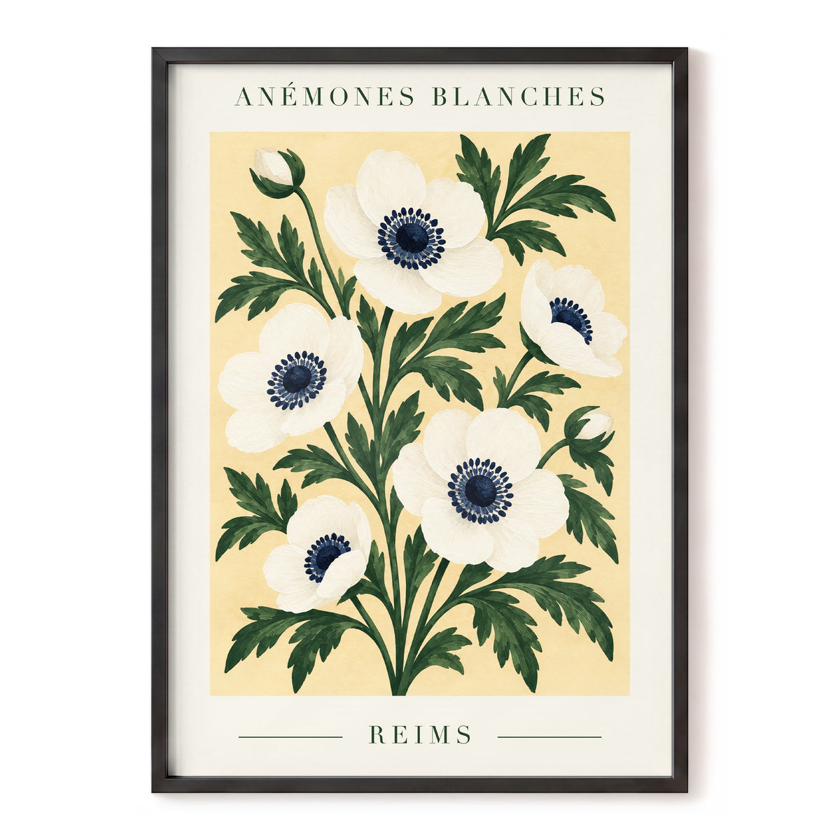 Anemones of Reims, white, blue, green floral wall art, front artwork view
