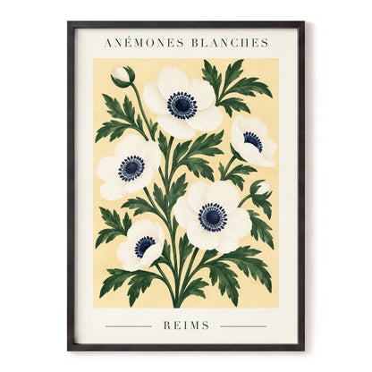 Anemones of Reims, white, blue, green floral wall art, front artwork view