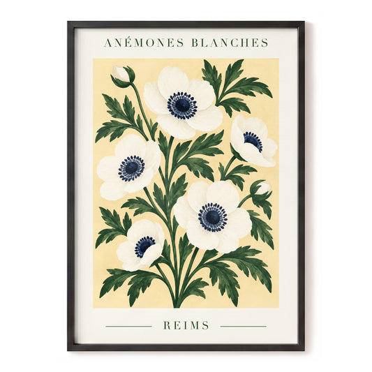 Anemones of Reims, white, blue, green floral wall art, front artwork view