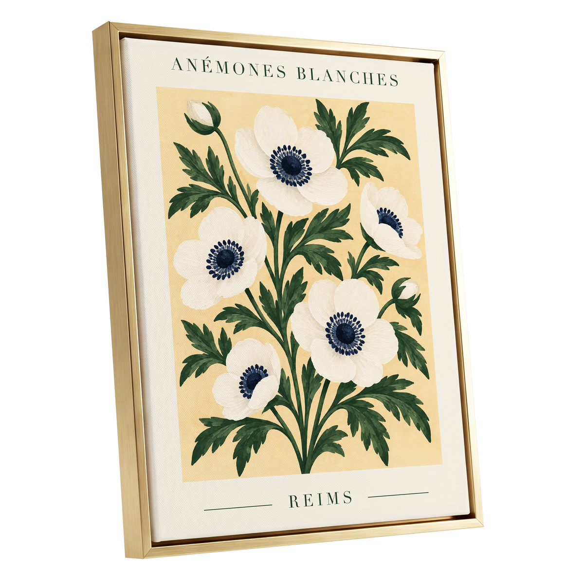 Anemones of Reims, white, blue, green floral wall art shown as a gold framed canvas wall art