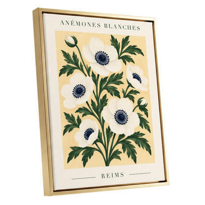 Anemones of Reims, white, blue, green floral wall art shown as a gold framed canvas wall art